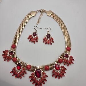 Radiant Gold and Red Necklace and Earring Set